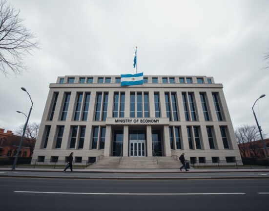 Exterior of the Argentine Ministry of Economy building in Buenos Aires on a cloudy day