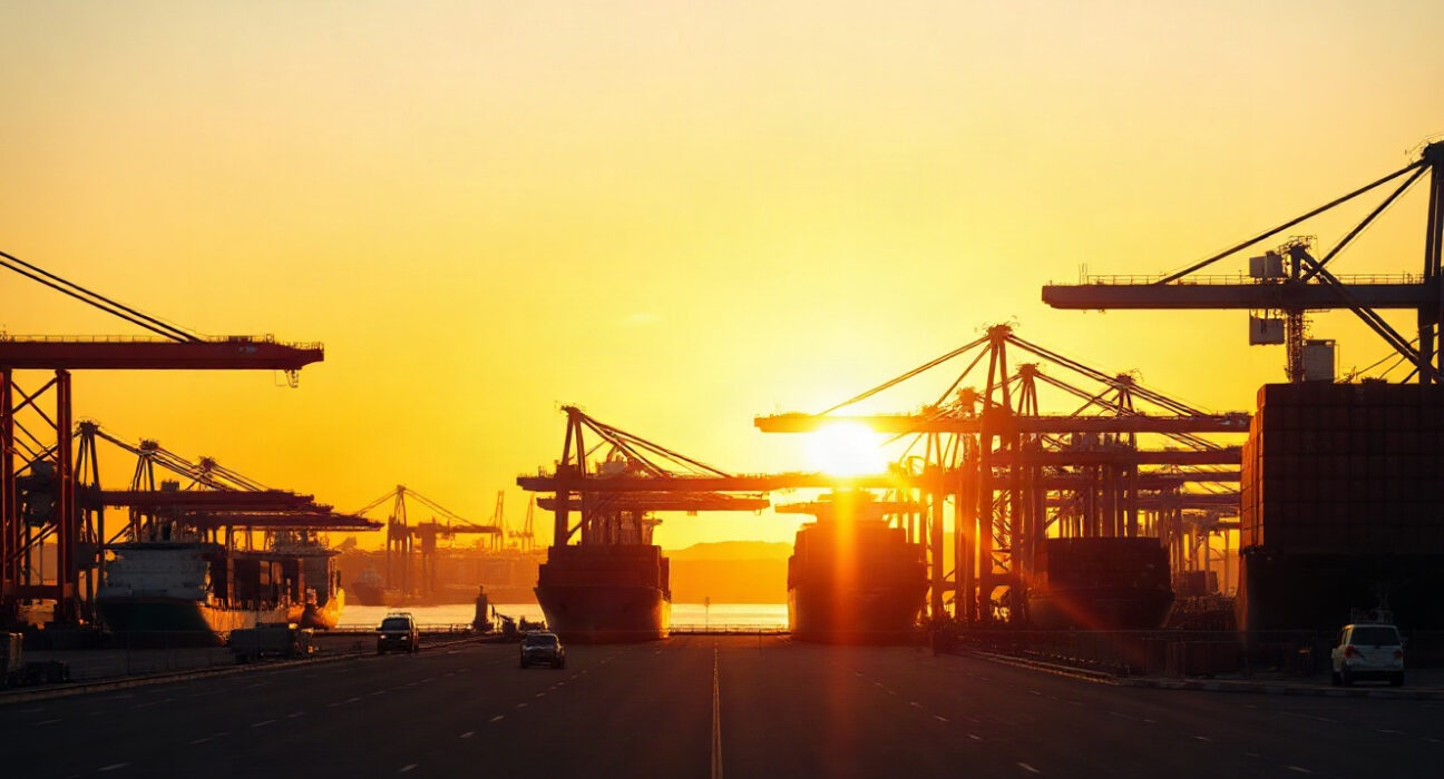 Buenos Aires port with cargo ships and cranes at sunset, representing Argentina's trade activity.