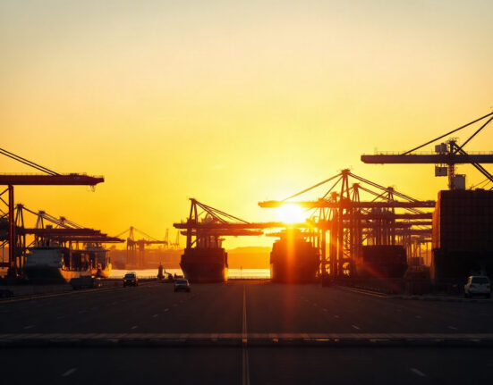 Buenos Aires port with cargo ships and cranes at sunset, representing Argentina's trade activity.