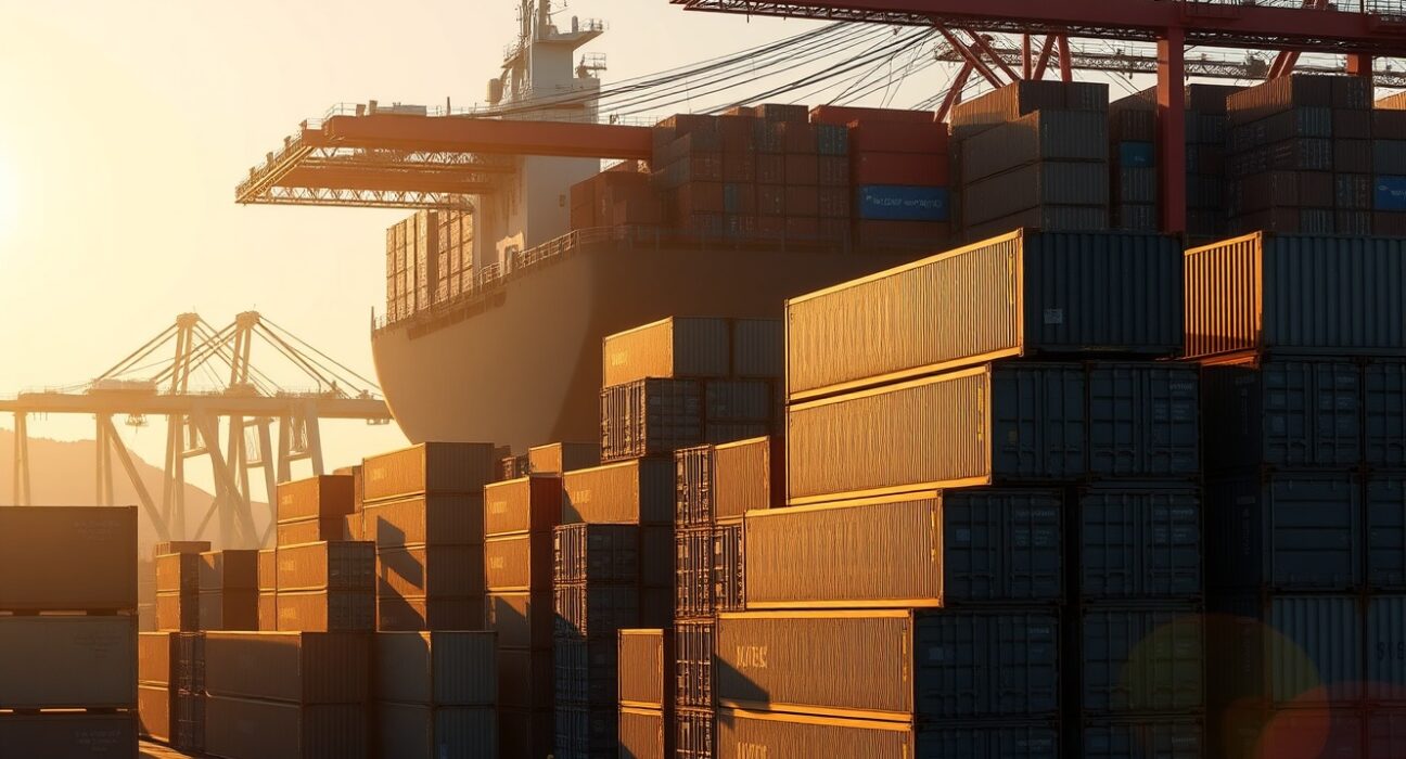 Aerial view of cargo port in Buenos Aires, Argentina, at sunrise with container stacks and a cargo ship.