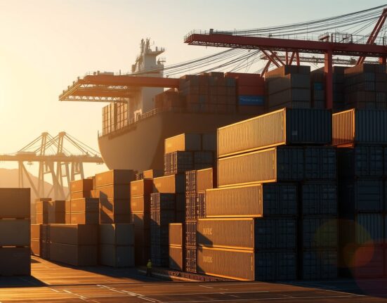 Aerial view of cargo port in Buenos Aires, Argentina, at sunrise with container stacks and a cargo ship.