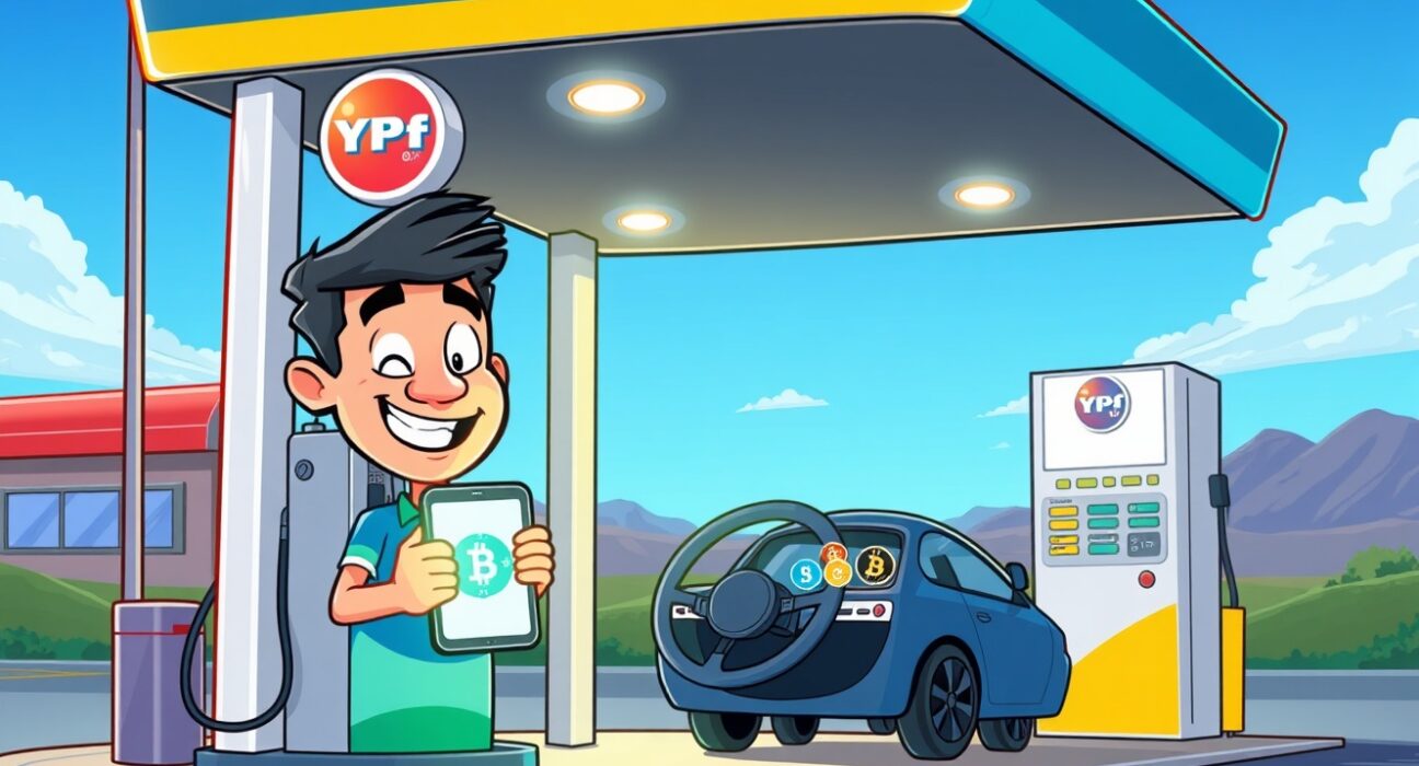 Cartoon illustration of a driver using cryptocurrency payments at a YPF gas station in Argentina.