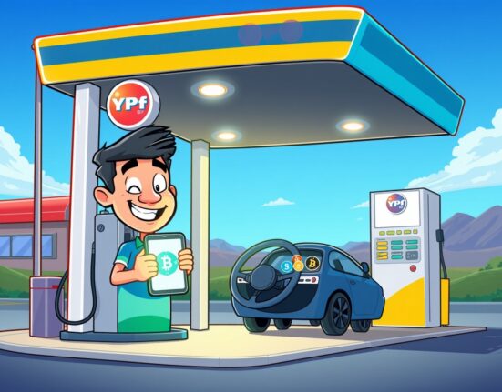 Cartoon illustration of a driver using cryptocurrency payments at a YPF gas station in Argentina.