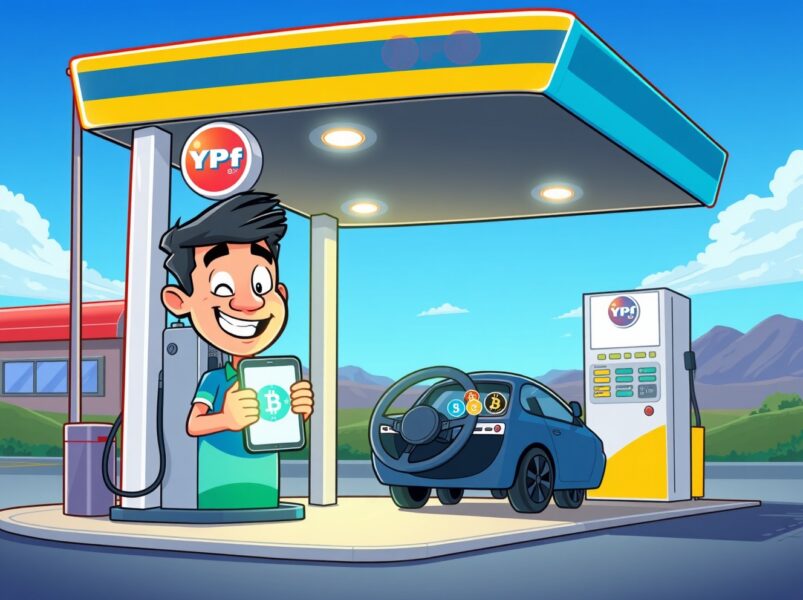 Cartoon illustration of a driver using cryptocurrency payments at a YPF gas station in Argentina.