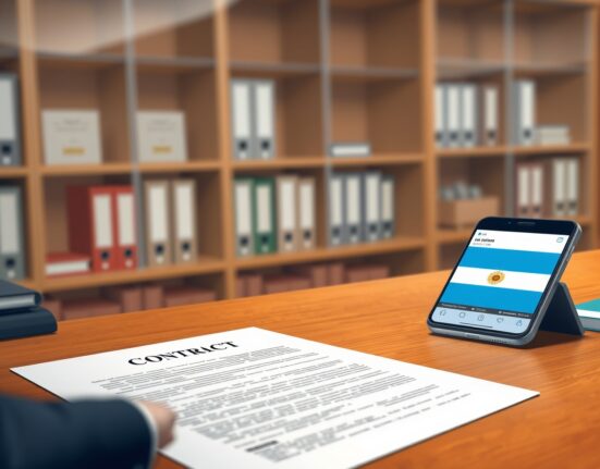 Contract document revealing Javier Milei's $5M Libra memecoin promotion deal on an office desk.