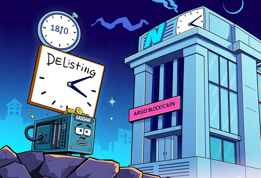 A cartoon illustration showing Argo Blockchain's crypto mining operations under pressure from Nasdaq delisting threats, conveying market challenges.