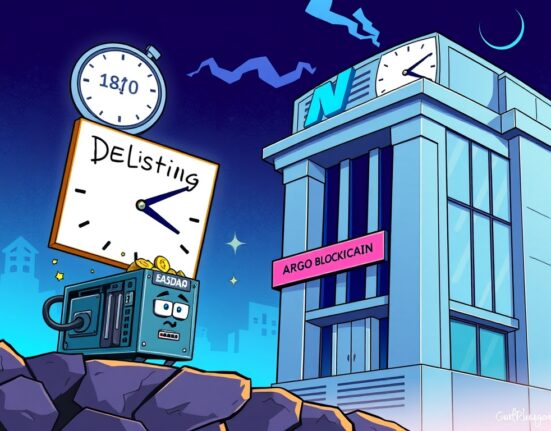A cartoon illustration showing Argo Blockchain's crypto mining operations under pressure from Nasdaq delisting threats, conveying market challenges.