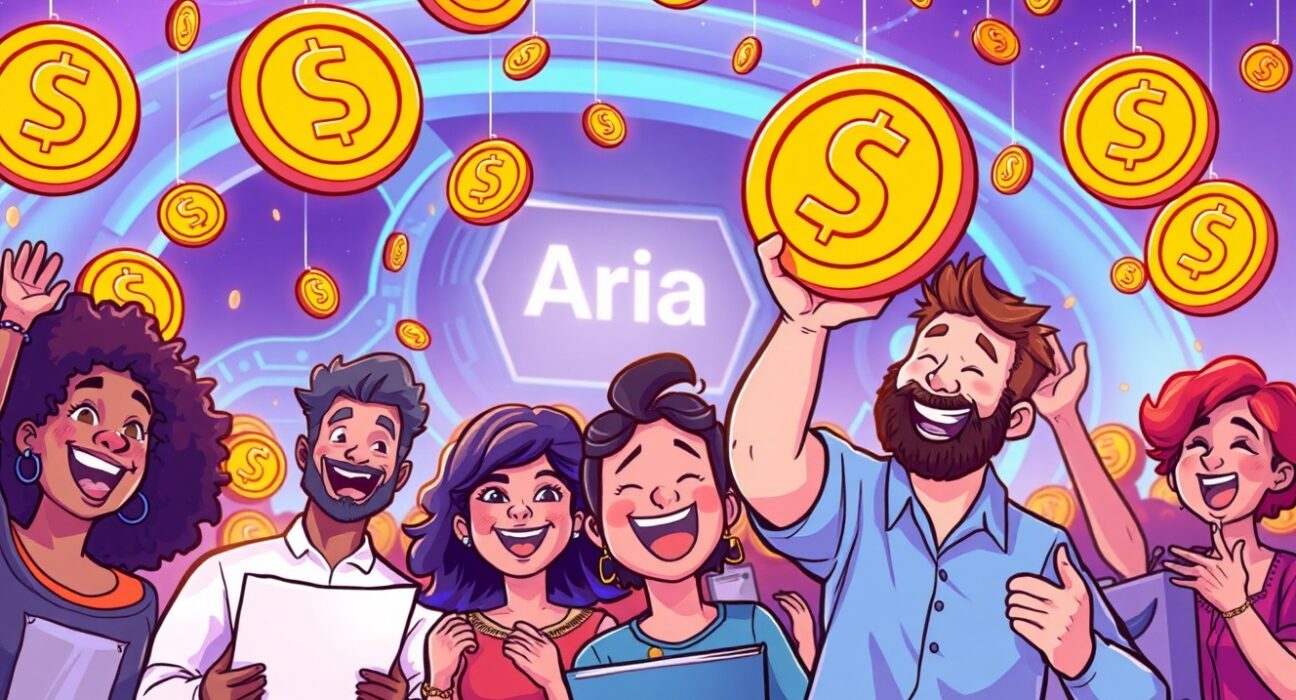 A cartoon showing IP holders celebrating a digital token shower, symbolizing the exciting Aria airdrop for creators.