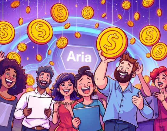 A cartoon showing IP holders celebrating a digital token shower, symbolizing the exciting Aria airdrop for creators.