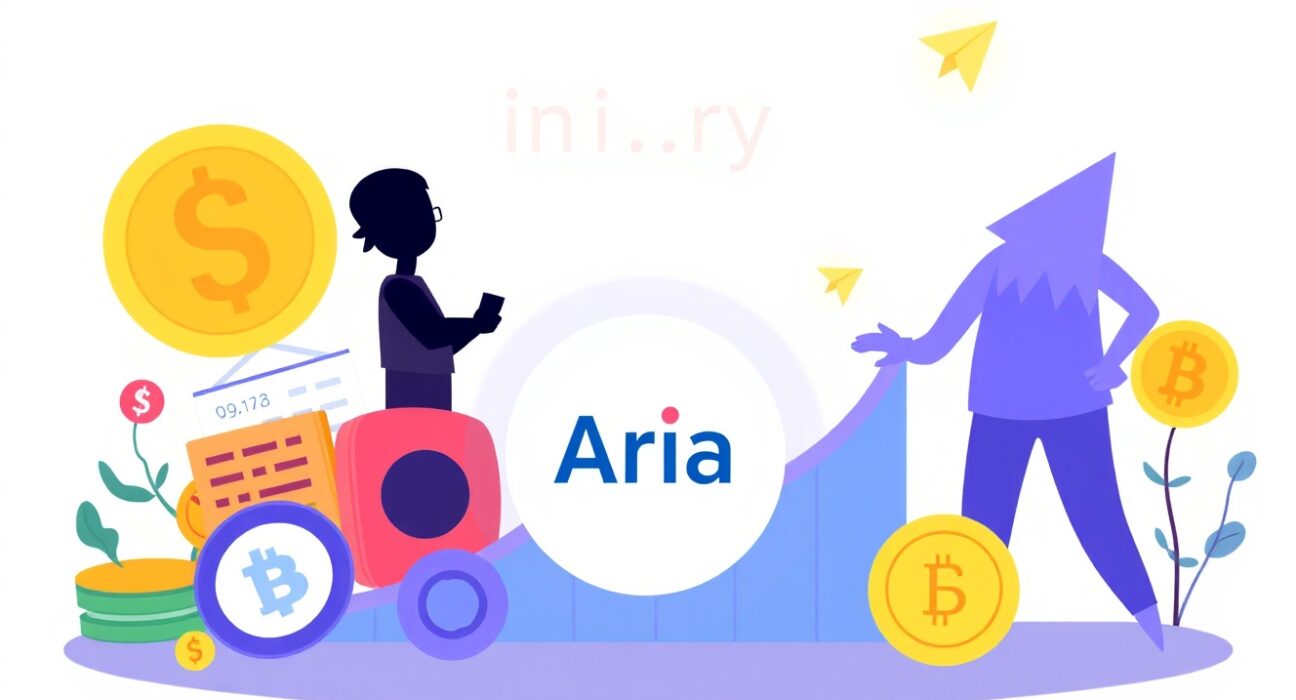 Cartoon illustration depicting Aria funding its IP tokenization platform's growth with new investments, symbolizing innovation and expanded access to digital assets.