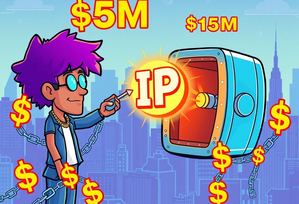 Cartoon showing secure IP tokenization of creative assets with funding, symbolizing Aria's role in digital ownership.