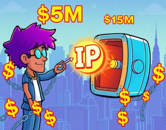 Cartoon showing secure IP tokenization of creative assets with funding, symbolizing Aria's role in digital ownership.