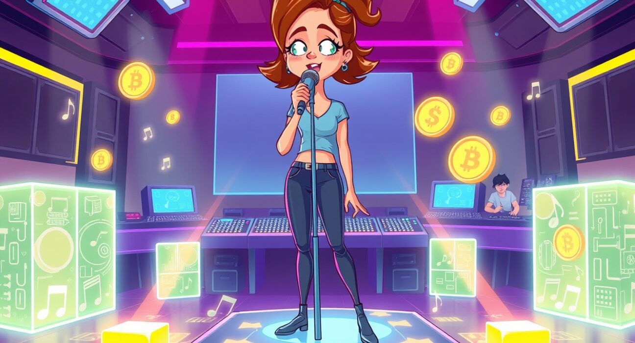 Vibrant cartoon of the ARIA Nana remix contest blending music production with blockchain tokenization.