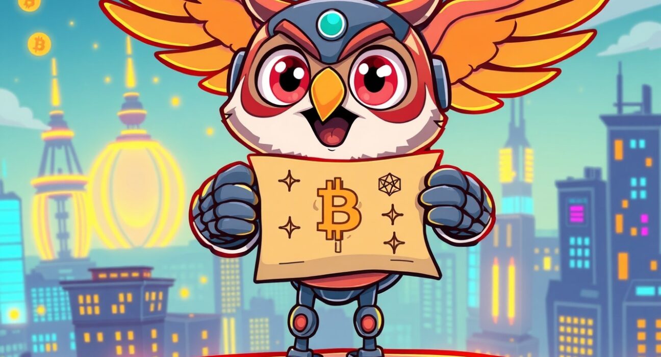 Aria Protocol listing announcement with blockchain elements in vibrant cartoon style