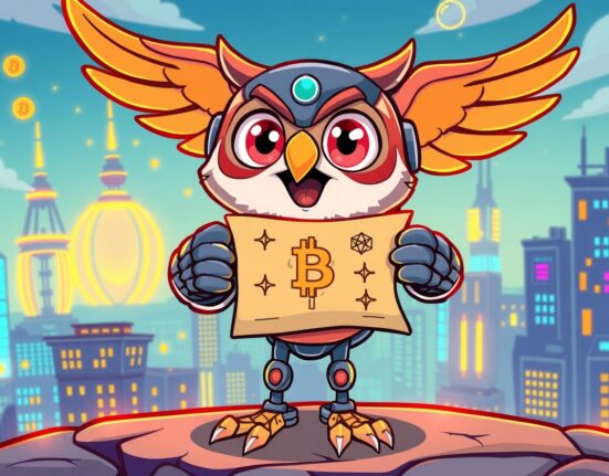 Aria Protocol listing announcement with blockchain elements in vibrant cartoon style