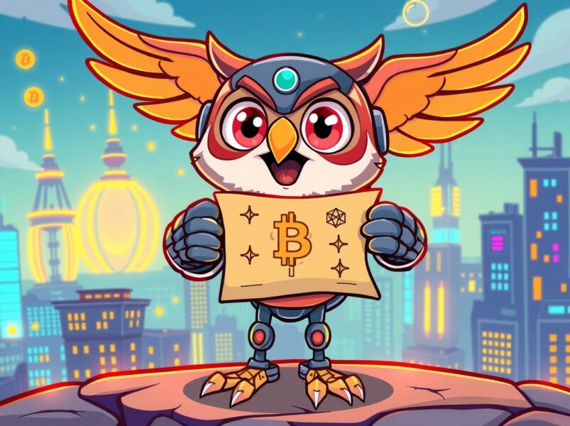 Aria Protocol listing announcement with blockchain elements in vibrant cartoon style