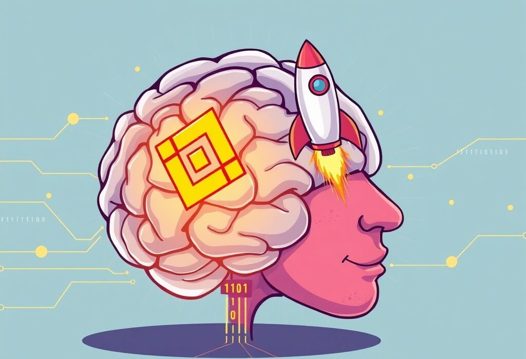 A cartoon illustration depicting the exciting AriaAI listing on Binance Alpha, showing an AI brain launching a rocket towards the Binance logo.