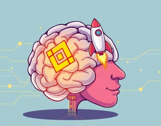 A cartoon illustration depicting the exciting AriaAI listing on Binance Alpha, showing an AI brain launching a rocket towards the Binance logo.