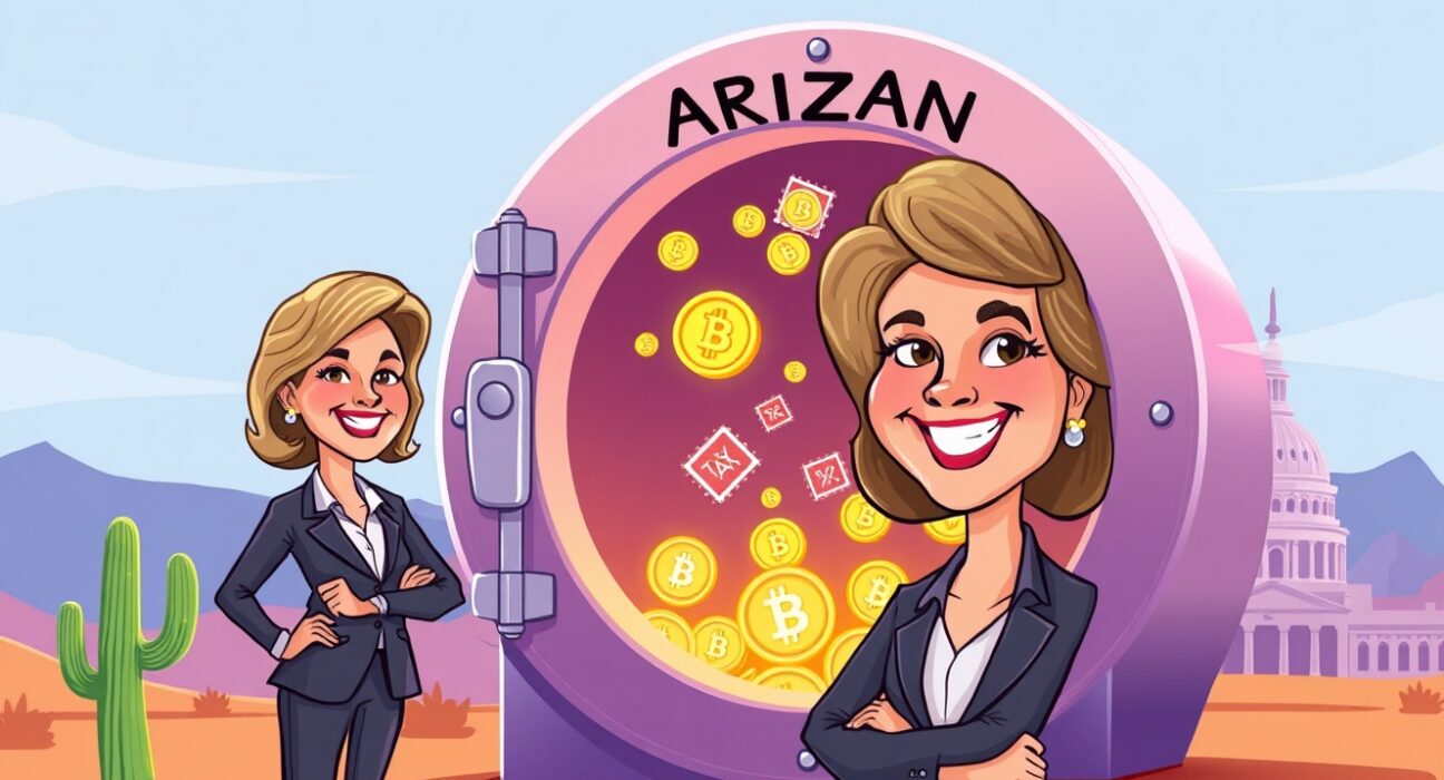 Cartoon illustration of an Arizona senator protecting cryptocurrency from taxes in a vibrant vault.
