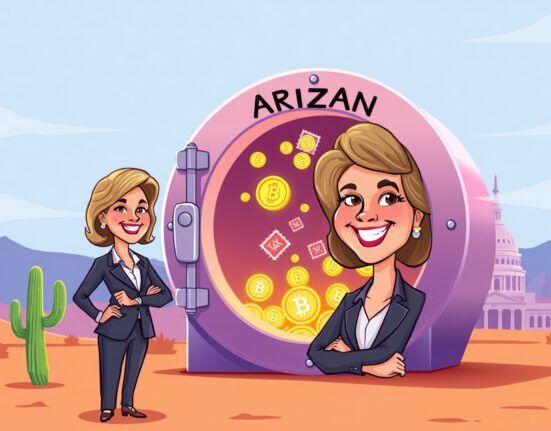 Cartoon illustration of an Arizona senator protecting cryptocurrency from taxes in a vibrant vault.
