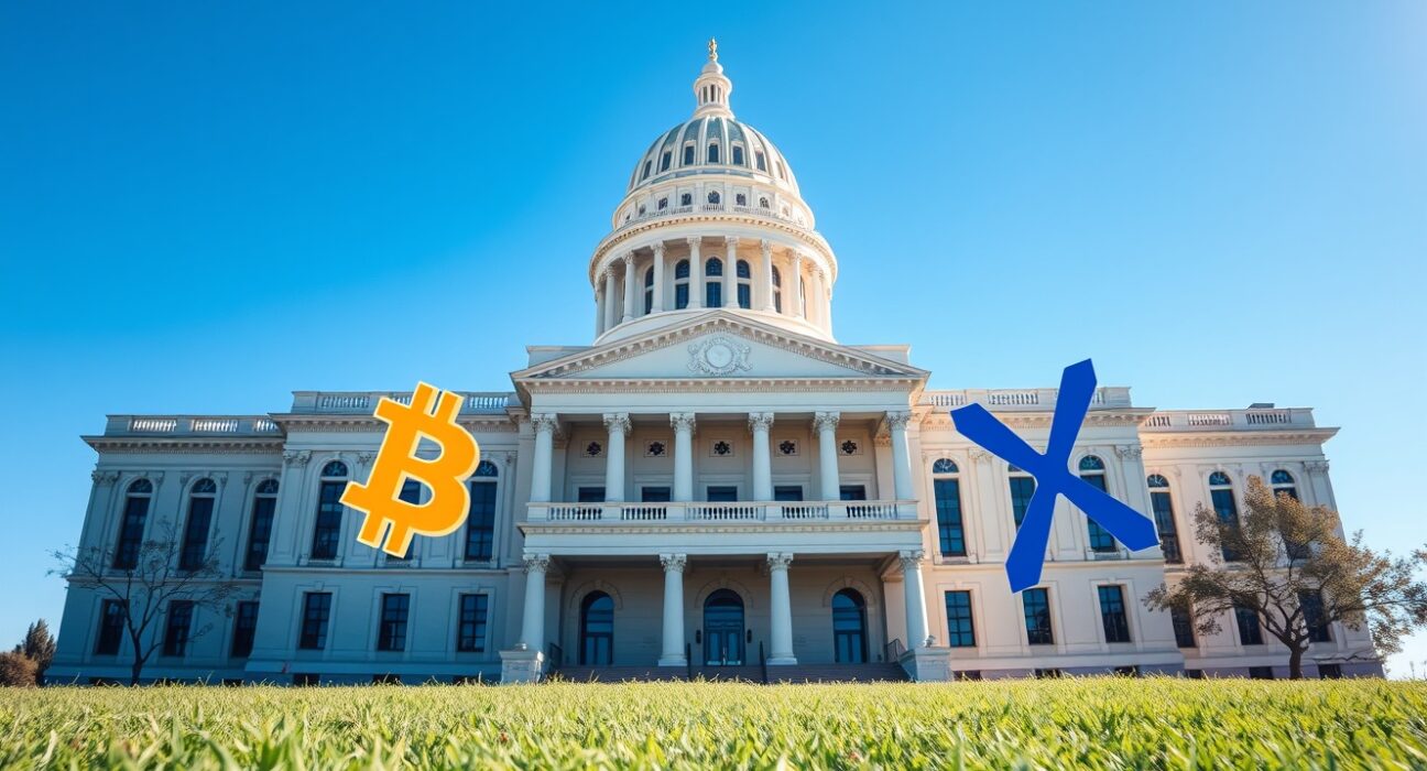 Arizona State Capitol with cryptocurrency symbols representing the strategic crypto reserve legislation