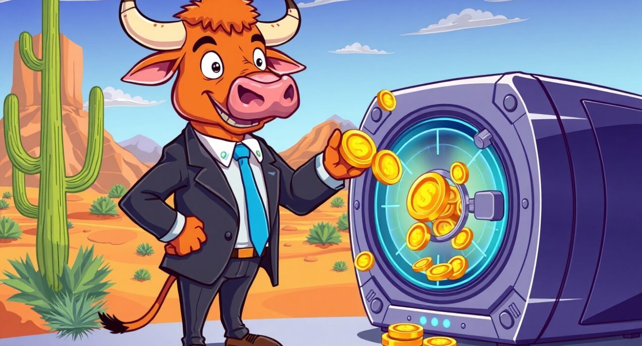 Confident bull investing Strategy stock into digital vault showing institutional crypto adoption