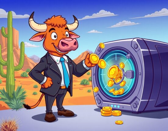 Confident bull investing Strategy stock into digital vault showing institutional crypto adoption