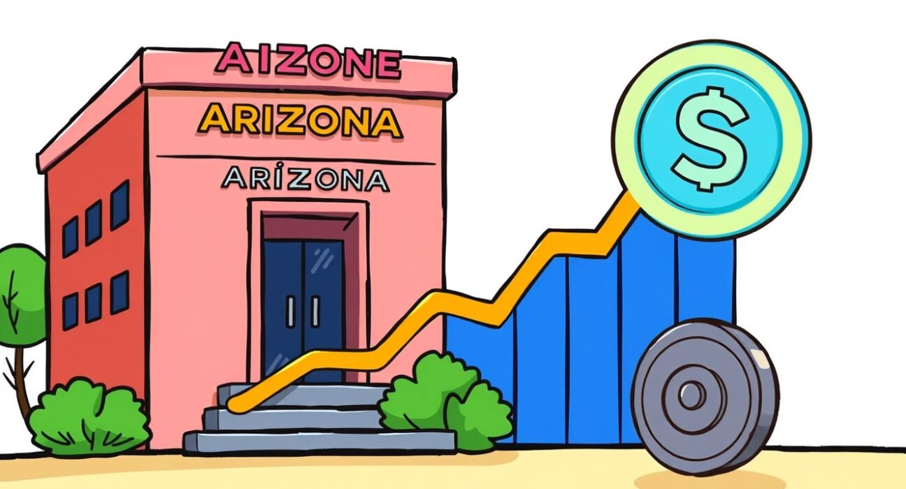 A cartoon depiction of the Arizona state pension fund's significant investment, showing financial growth and strategic asset allocation.