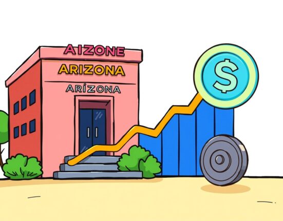 A cartoon depiction of the Arizona state pension fund's significant investment, showing financial growth and strategic asset allocation.
