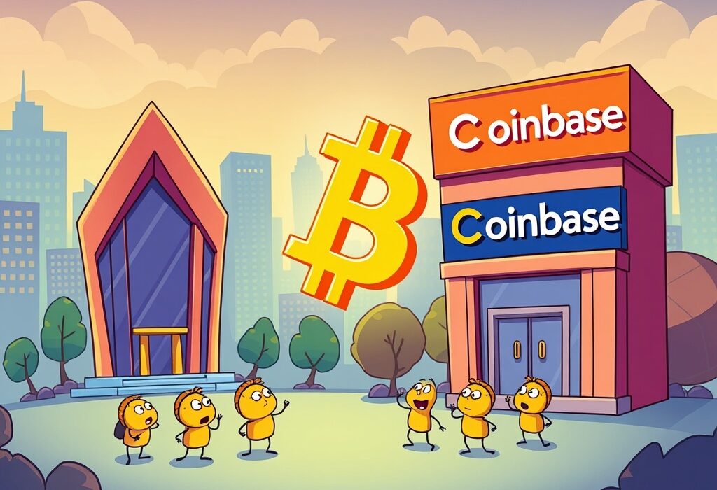 A cartoon illustration depicting Ark Invest making a significant Bitcoin transfer to Coinbase, sparking discussion about institutional crypto movements.