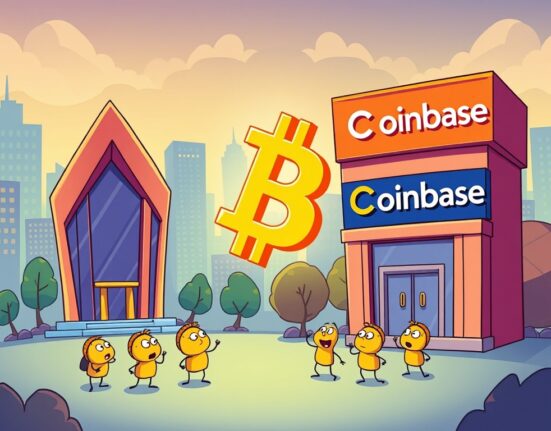 A cartoon illustration depicting Ark Invest making a significant Bitcoin transfer to Coinbase, sparking discussion about institutional crypto movements.