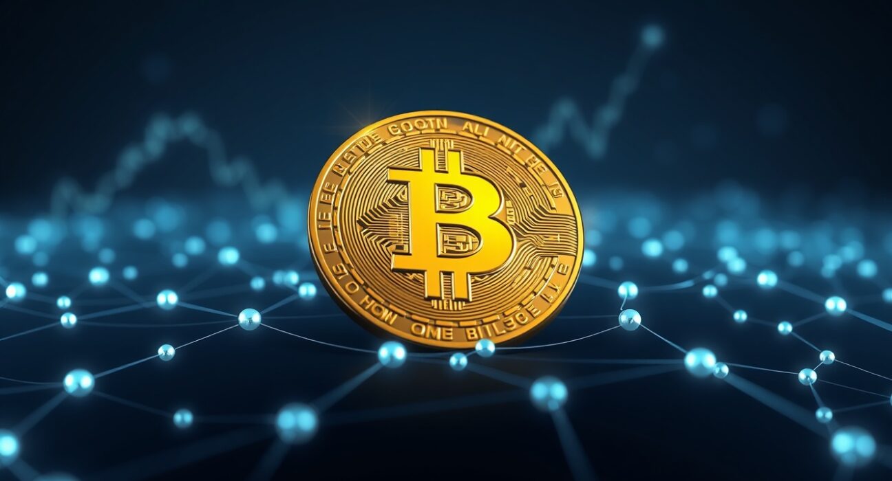 Bitcoin market cap prediction: A gold Bitcoin coin symbolizing Ark Invest's forecast of a 10x surge to $16 trillion by 2030.