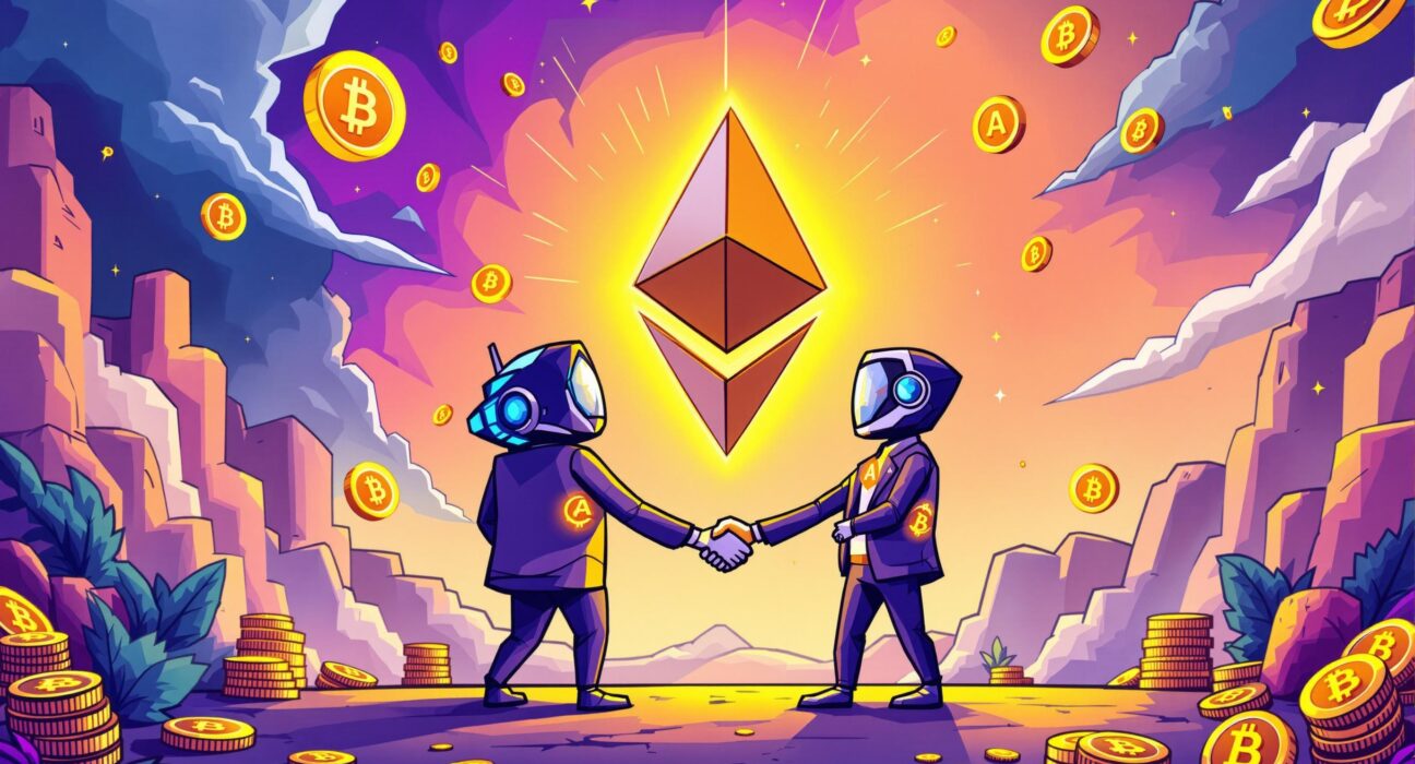Cartoon illustration of Ark Invest and Bitmain in a strategic partnership, signifying a pivotal investment in Ethereum's future.