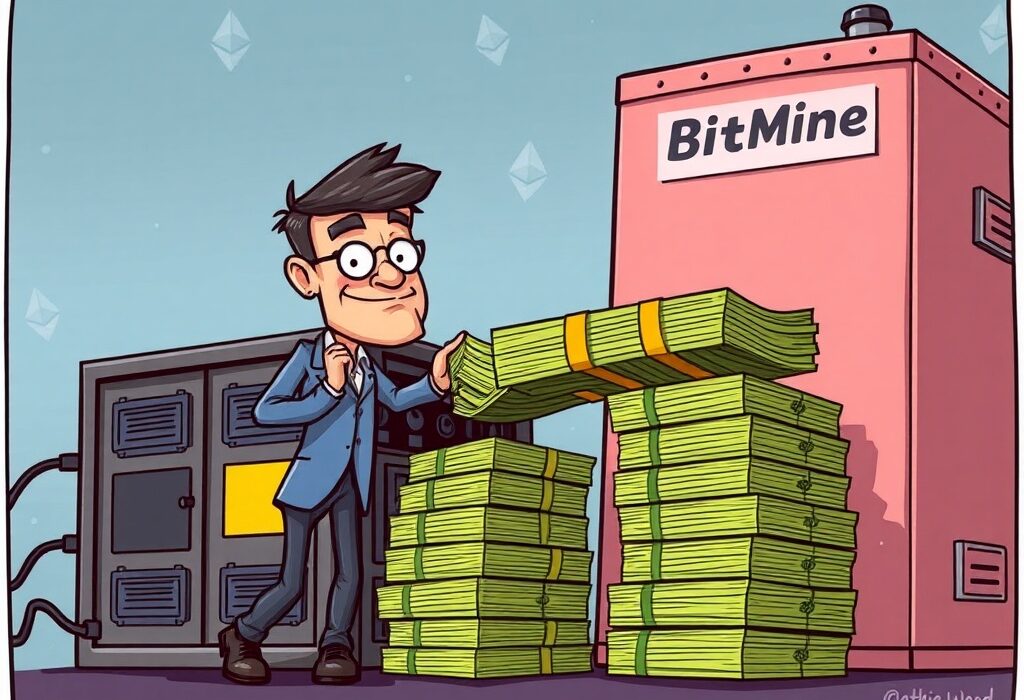 A cartoon illustration showing Ark Invest's strategic investment into BitMine, symbolizing increased crypto exposure and growth.