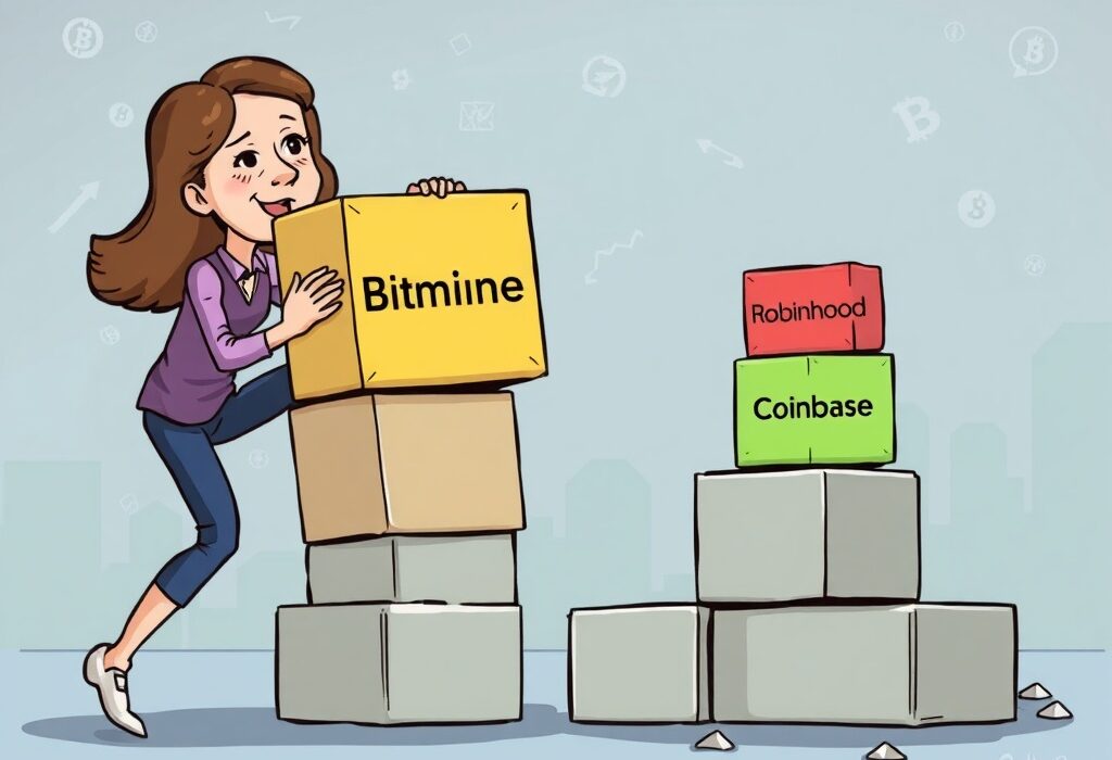 Cartoon illustration depicting ARK Invest's strategic investment shift, emphasizing their acquisition of Bitmine shares.