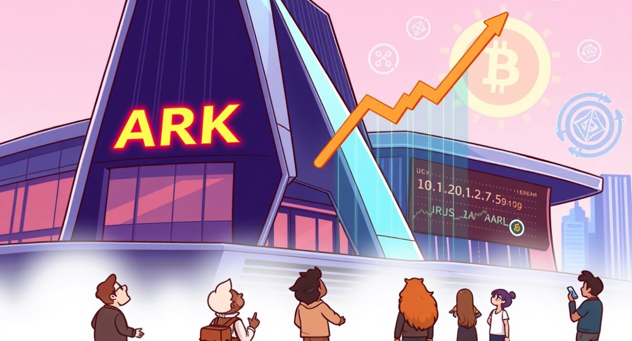 Cartoon illustration showing a strategic Ark Invest Bullish investment, with investors looking at a rising crypto market chart.