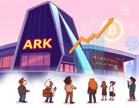 Cartoon illustration showing a strategic Ark Invest Bullish investment, with investors looking at a rising crypto market chart.