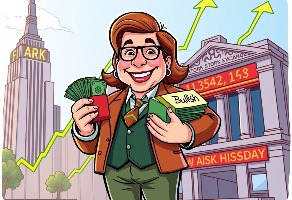 A cartoon investor figure symbolizing ARK Invest acquiring a significant amount of Bullish shares, representing their strategic investment.