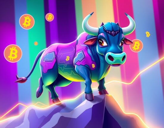 Ark Invest Bullish shares purchase represented by confident digital bull climbing growth chart