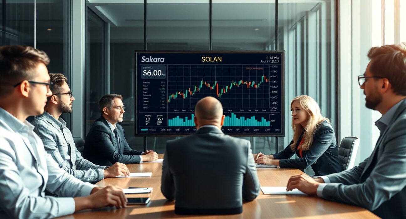Financial professionals in a boardroom reviewing Solana staking ETF data on a digital screen