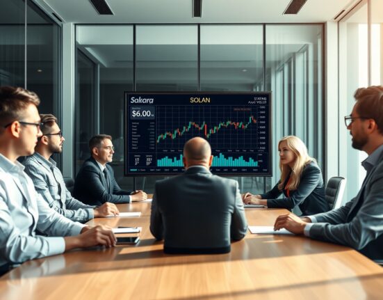 Financial professionals in a boardroom reviewing Solana staking ETF data on a digital screen