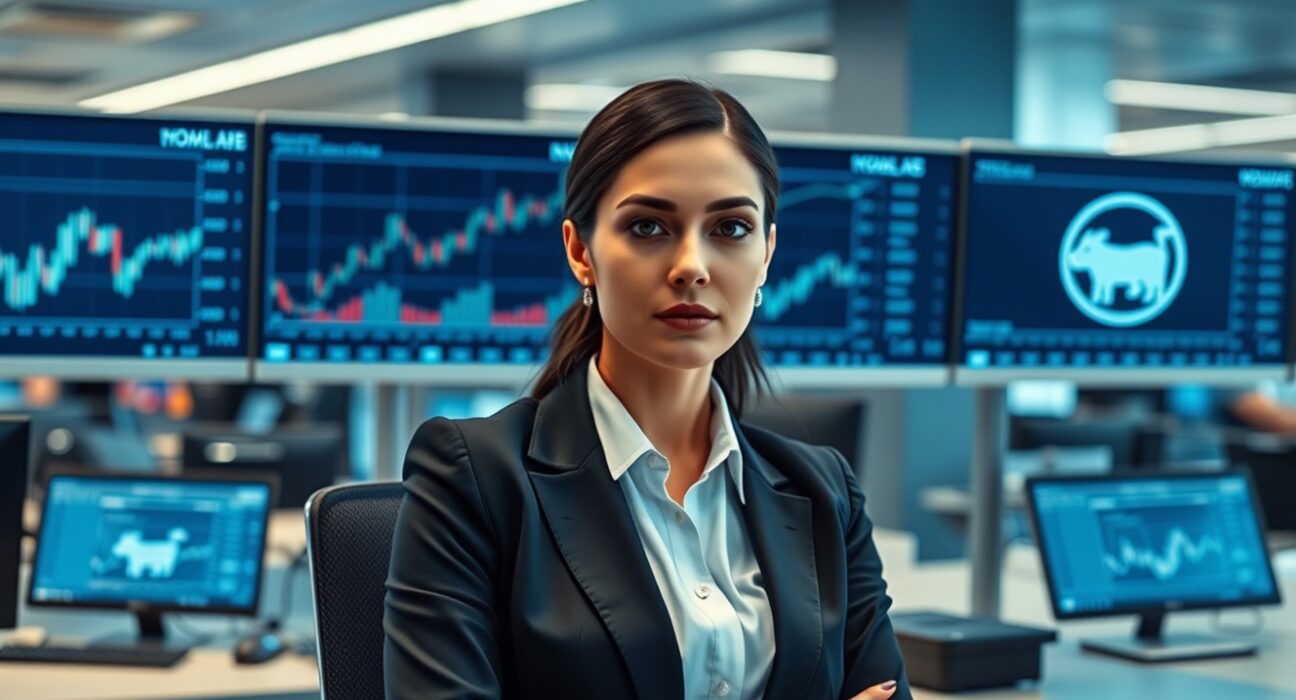 A portfolio manager at a desk with financial monitors displaying a bull market chart.