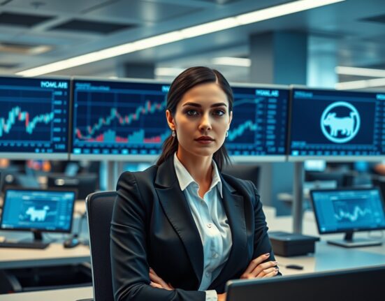 A portfolio manager at a desk with financial monitors displaying a bull market chart.