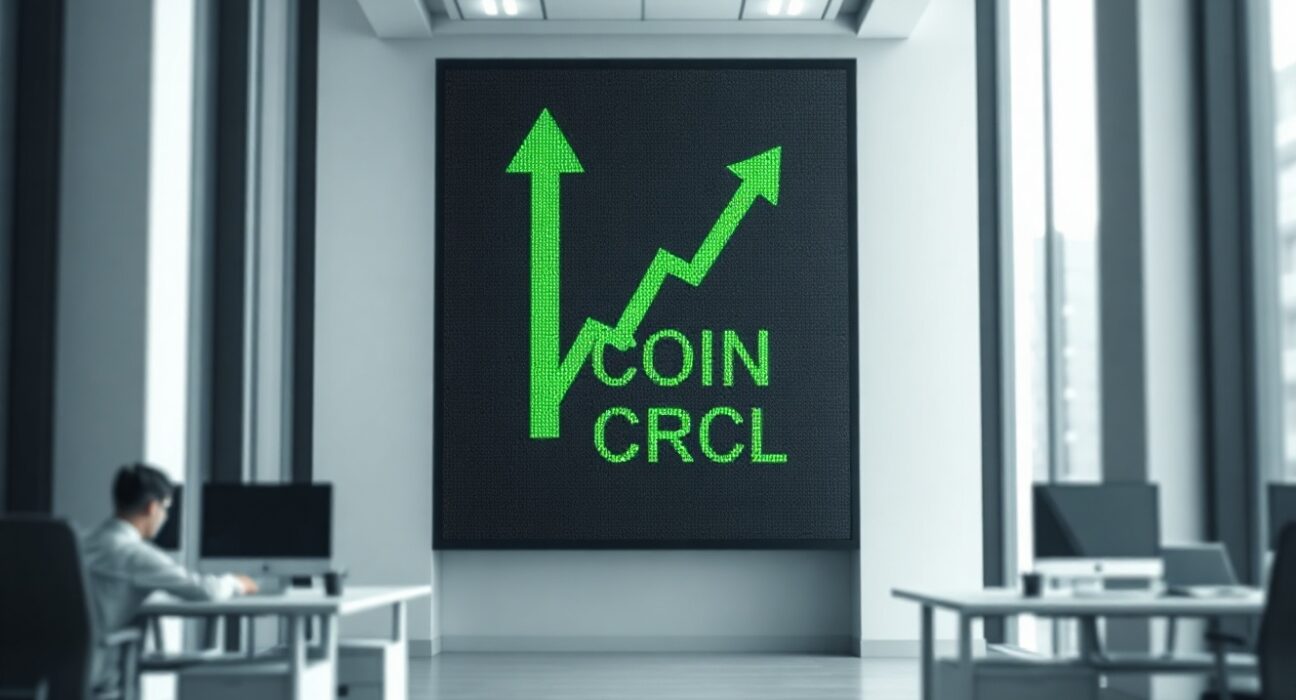 Digital stock ticker board displaying COIN and CRCL with green upward arrows in a modern office setting