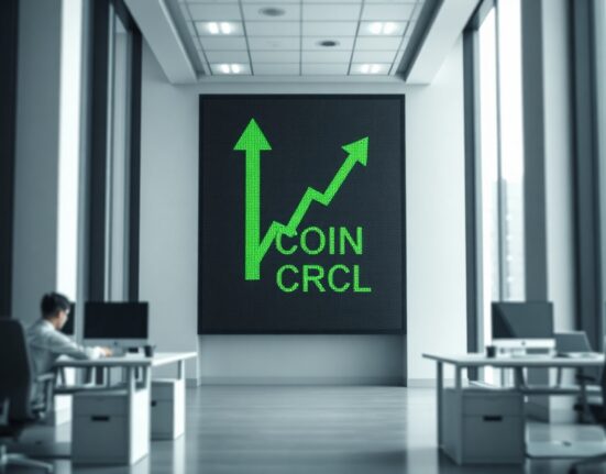 Digital stock ticker board displaying COIN and CRCL with green upward arrows in a modern office setting