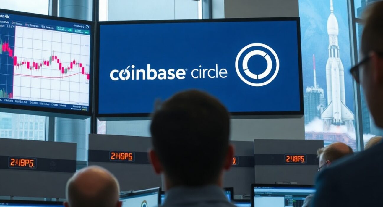 Trading floor with digital screens showing crypto and stock charts, representing ARK Invest's recent purchases.