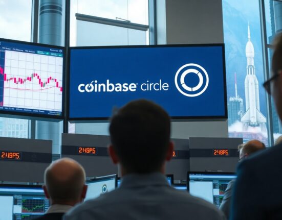Trading floor with digital screens showing crypto and stock charts, representing ARK Invest's recent purchases.