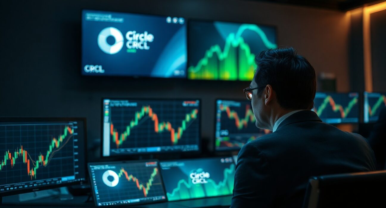 Trader monitoring Circle (CRCL) stock chart on trading desk monitors