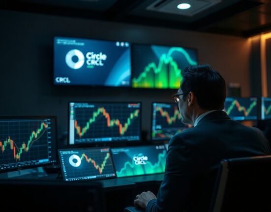 Trader monitoring Circle (CRCL) stock chart on trading desk monitors