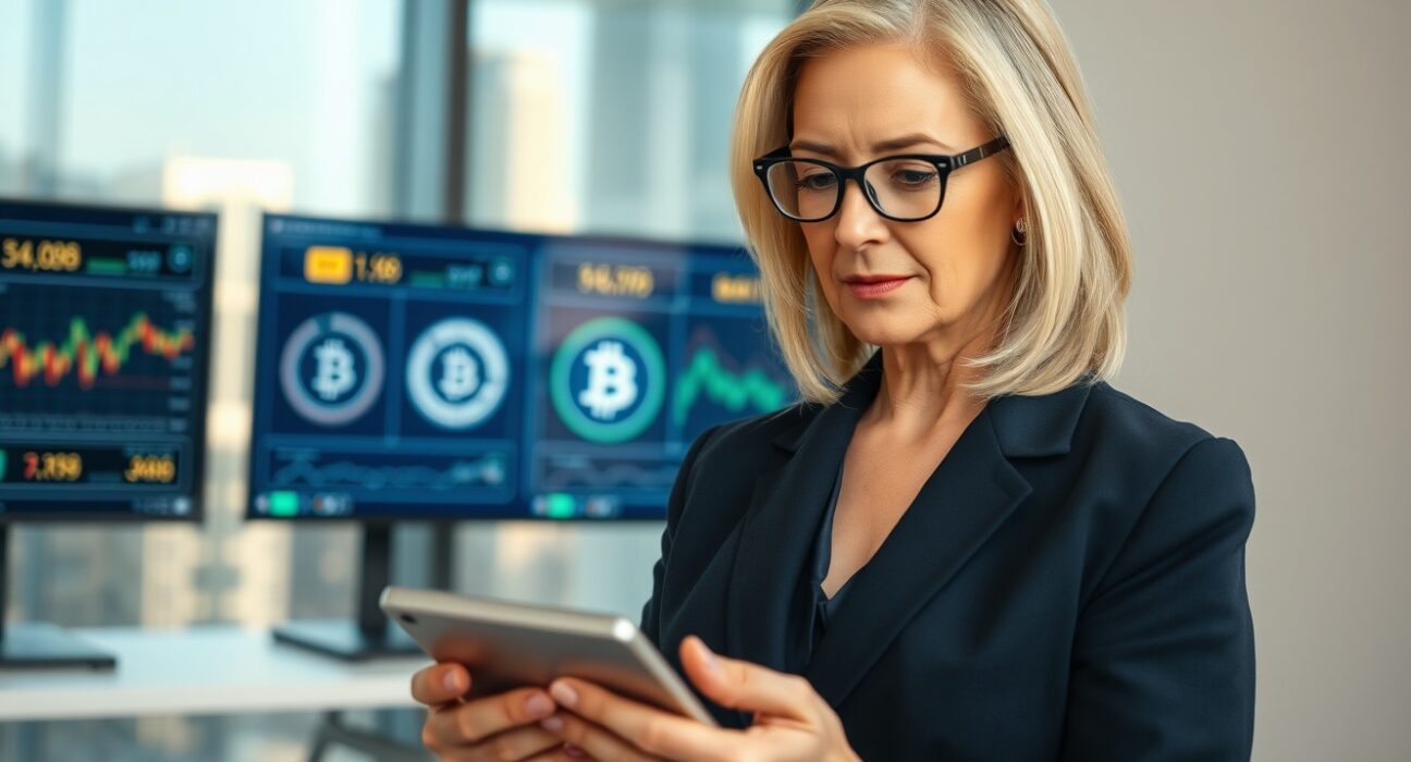Cathie Wood of Ark Invest holding a smartphone in a modern office with financial charts in the background.